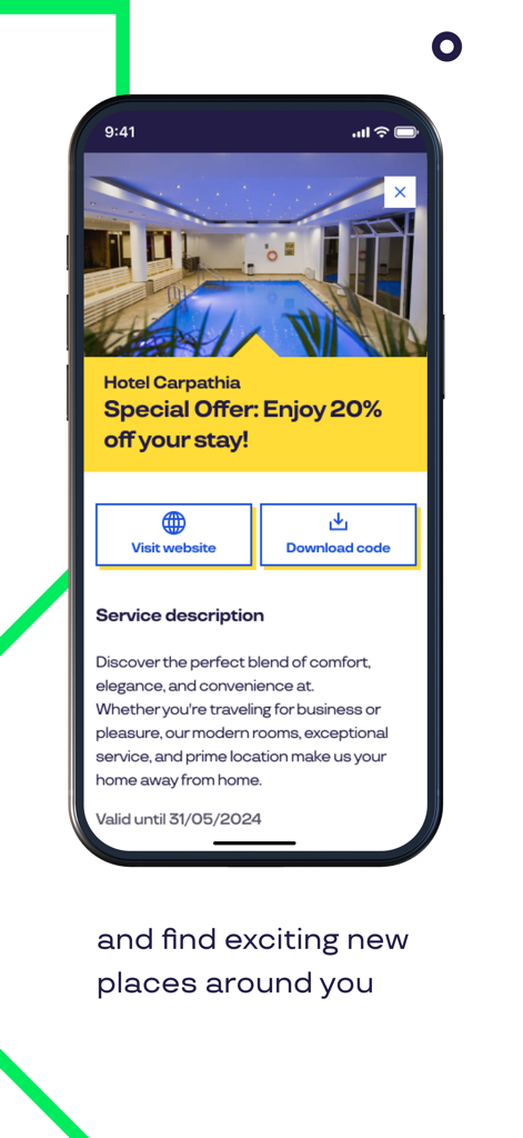 Pluxee - Pluxeeアプリが表示されたスマートフォンの画面。Hotel Carpathiaの特別割引オファーが表示されています。