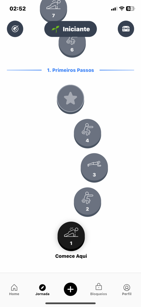 PushTime: Controle de Tela - Oberfläche der PushTime-App, die einen Fortschrittspfad von Übungsherausforderungen zum Freischalten von mobilen Apps zeigt