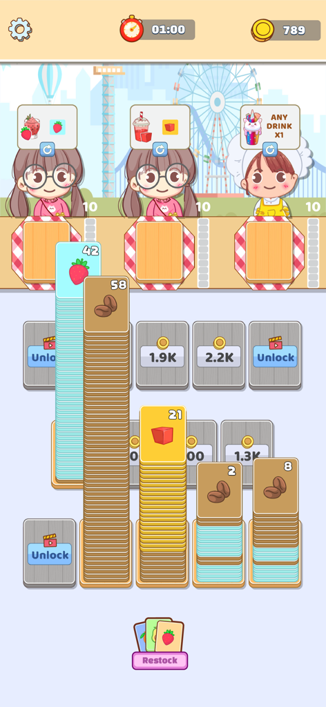 Pocket Tea Sort - Foodie Stop - Pocket Tea Sortのゲームプレイ画面、かわいい顧客と仕分け用の材料カードのスタックが表示されています