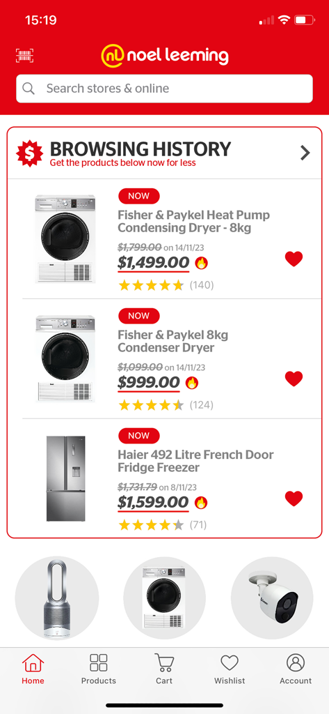 Tela de histórico de navegação do aplicativo Noel Leeming mostrando preços com desconto para eletrodomésticos como secadoras e geladeiras