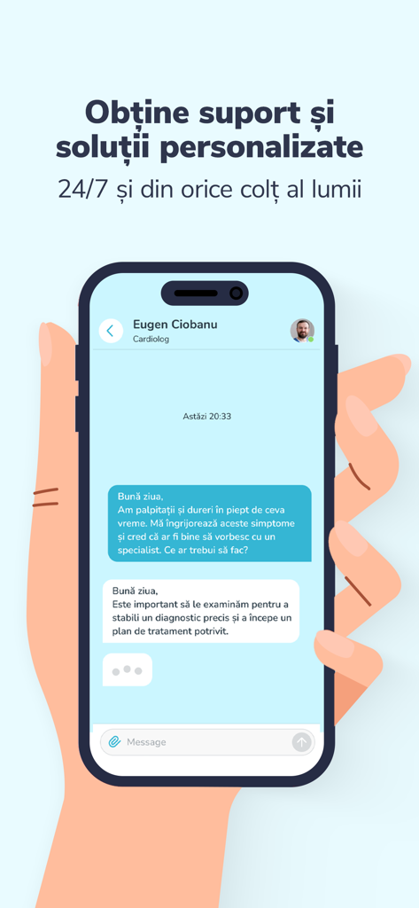 Tela de smartphone mostrando um chat médico 24/7 com um especialista no aplicativo x doctor