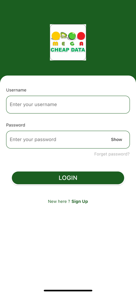 Pantalla de inicio de sesión para la aplicación MEGA Datos Baratos