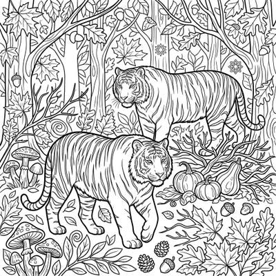 Dive into the beauty of fall with this captivating coloring page featuring two magnificent Siberian tigers. They roam through a vibrant autumn forest, adorned with leaves, pumpkins, and other seasonal delights.