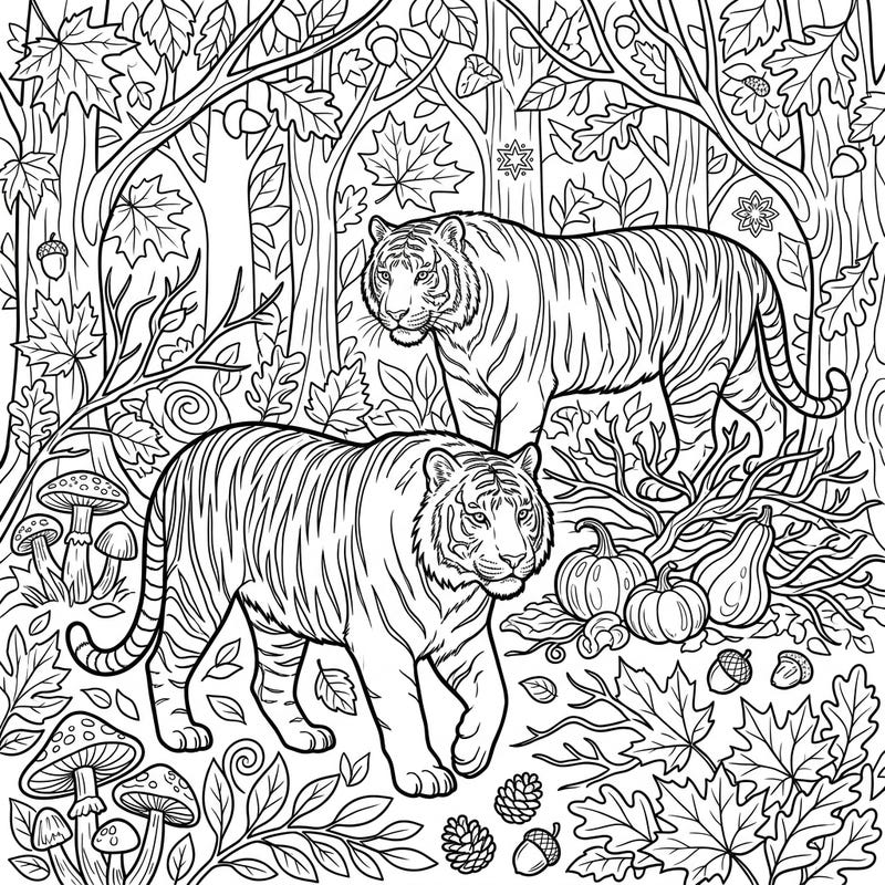 Dive into the beauty of fall with this captivating coloring page featuring two magnificent Siberian tigers. They roam through a vibrant autumn forest, adorned with leaves, pumpkins, and other seasonal delights.