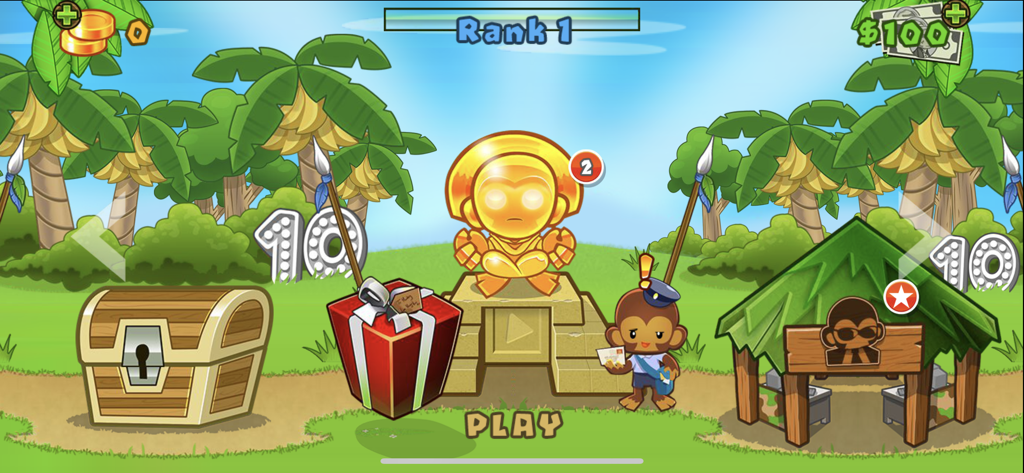 Pantalla del menú principal de Bloons TD 5 mostrando la estatua del mono dorado y el centro de juego tropical