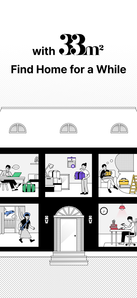 33m2 - Korea Short-Term Rental - Ilustración minimalista de una casa mostrando personas trabajando, viajando y viviendo en alquileres a corto plazo con el texto Find Home for a While