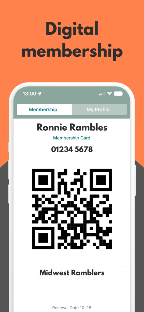 Ramblers - Écran de l'application Ramblers montrant une carte de membre numérique avec un code QR et le nom du membre Ronnie Rambles.