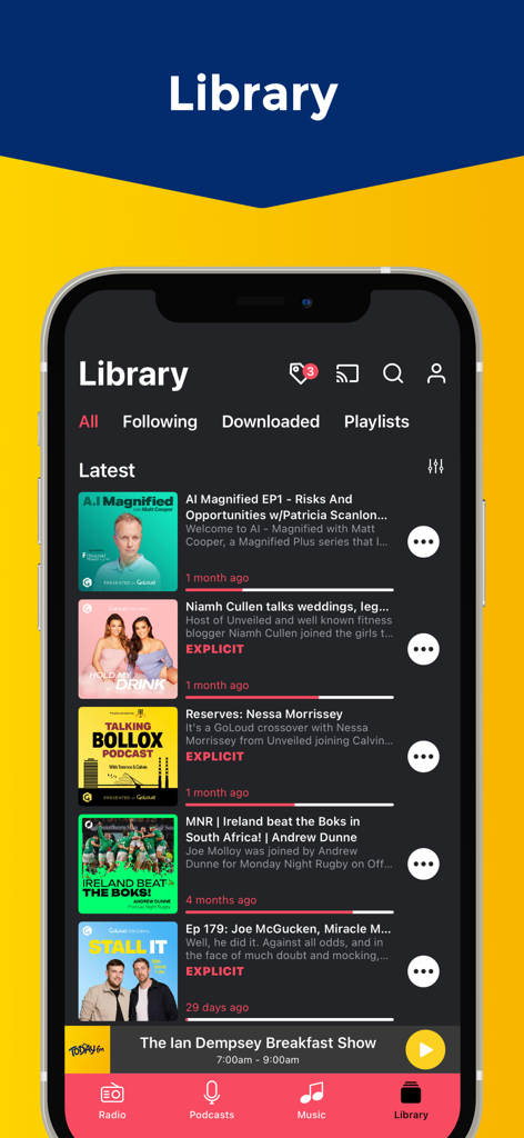 The library tab of the Today FM app showing recently released podcast episodes