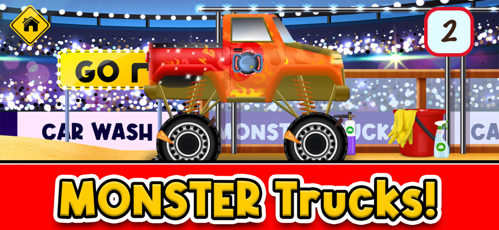 Little Car Wash: Vehicle Game - An orange monster truck with flame decals at a car wash station in the Little Car Wash game