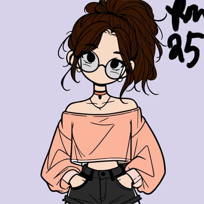 girl with a messy ponytail glasses a baggy crop top and jean shorts