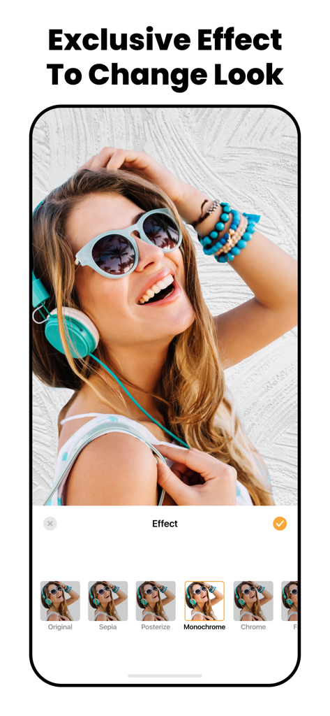 A mobile interface of the Magic AI Background Eraser app showing exclusive photo effects and filters like monochrome and sepia applied to a portrait of a smiling woman.