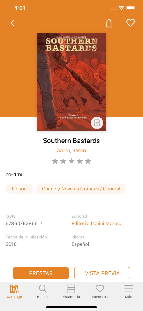 BPDigital app interface showing the details and borrow button for a comic book titled Southern Bastards