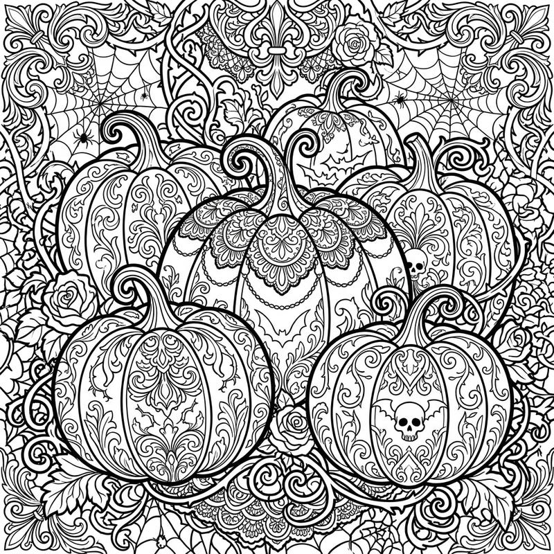 Unleash your creativity with this stunning coloring page featuring decorative pumpkins adorned in a rich Gothic style. Explore intricate patterns, delicate roses, and eerie spiderwebs, perfect for a relaxing and captivating art session.