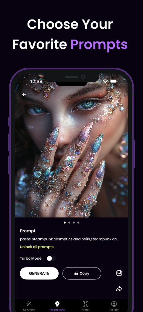 AI Fantasy- AI Image Generator - AI Fantasy app interface showing a steampunk inspired AI generated portrait and text prompts