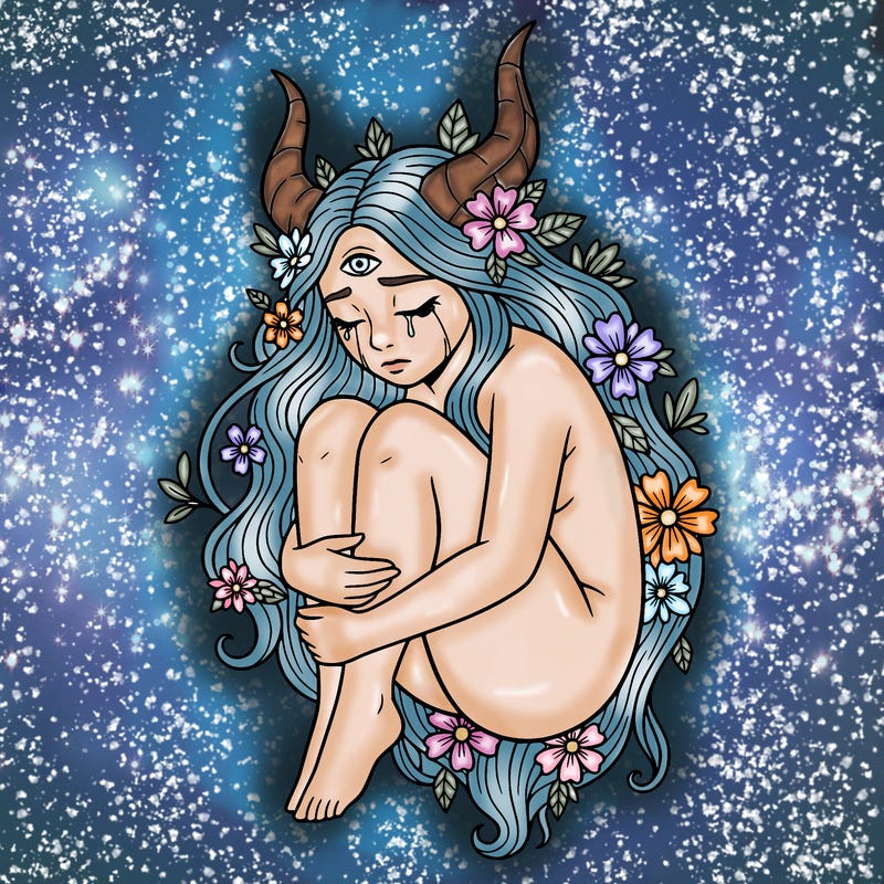 sad person with horns crying with eyes closed holding her knees 
flower in her hair
long hair 
no pupil in eye 
one eye on her forehead that is open but no pupil