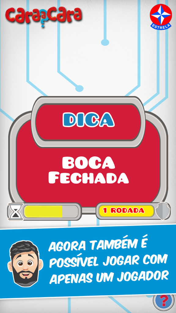 A screenshot of the Cara a Cara app showing a character hint that says Boca Fechada and an announcement for the single player mode.