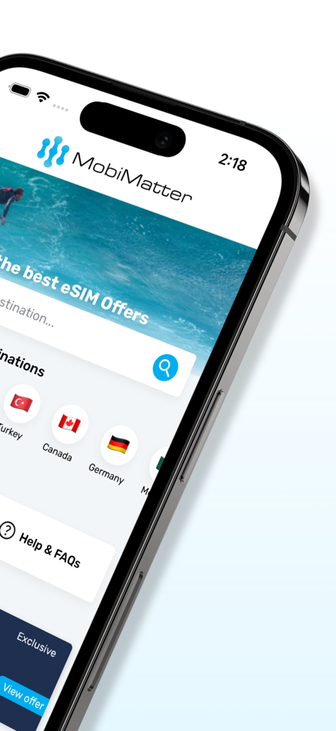 MobiMatter: eSIM Marketplace - Interfaz de la aplicación móvil MobiMatter que muestra ofertas de eSIM internacionales y opciones de búsqueda de países