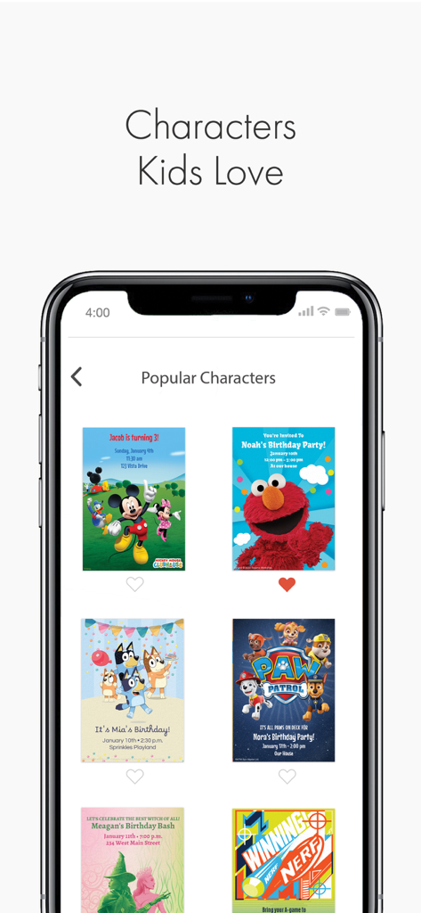 Punchbowl: Invitations & Cards - Punchbowl app screen showing various digital birthday invitations for kids featuring popular licensed characters