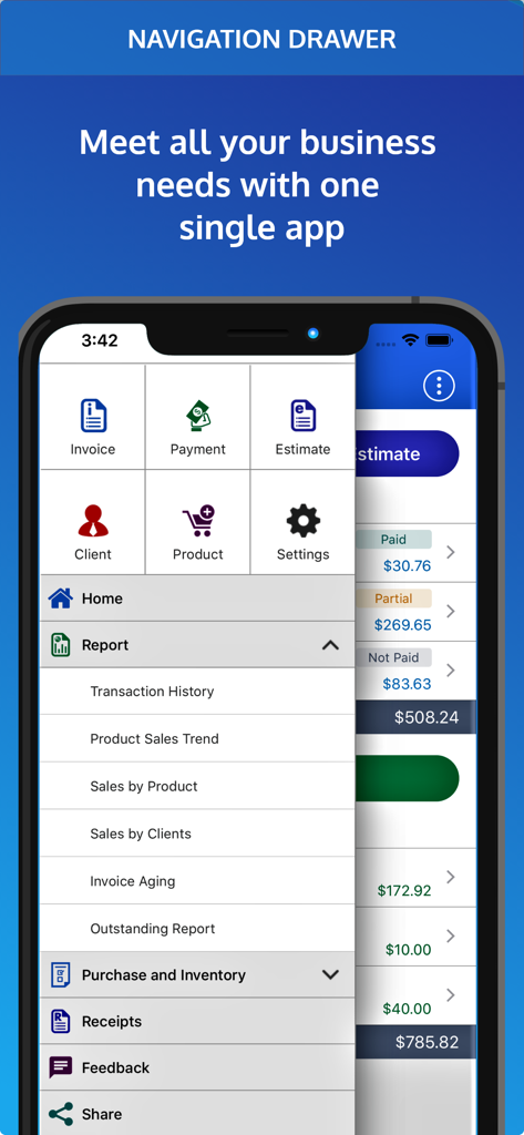 Invoice Pro. Invoice on the go - Navigation menu of the Invoice Pro mobile app showing business tools for invoices payments and business reports
