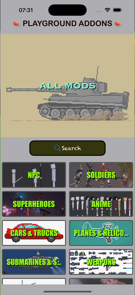 Addons for Ragdoll Melmod PG - Main menu screen of the app displaying various mod categories like soldiers superheroes and weapons for Melon Playground