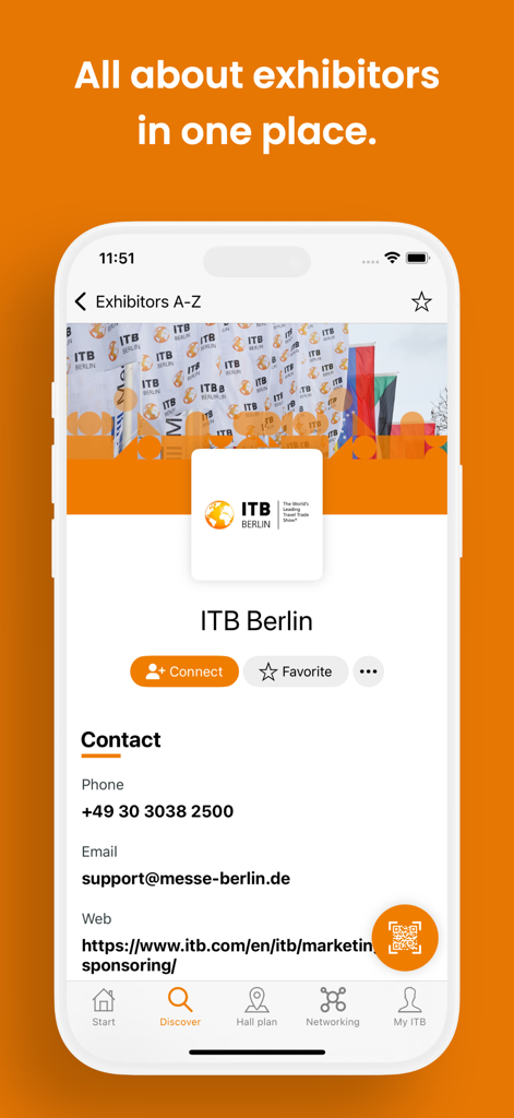 ITB Berlin - ITB Berlin app interface displaying exhibitor contact details and networking buttons