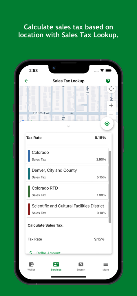 myColorado™ - Pantalla de la aplicación myColorado que muestra la herramienta de búsqueda de impuestos sobre las ventas y tasas locales
