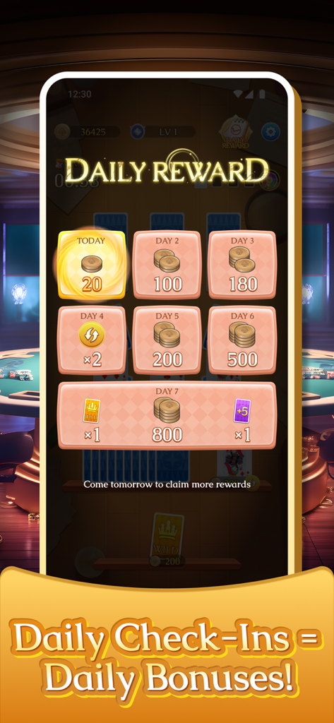 Solitaire RushPro daily check-in reward screen showing coin bonuses