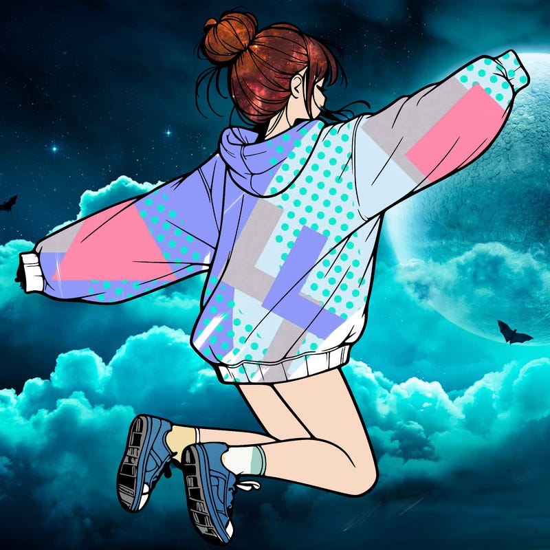realistic girl jumping with a bun and oversized sweatshirt