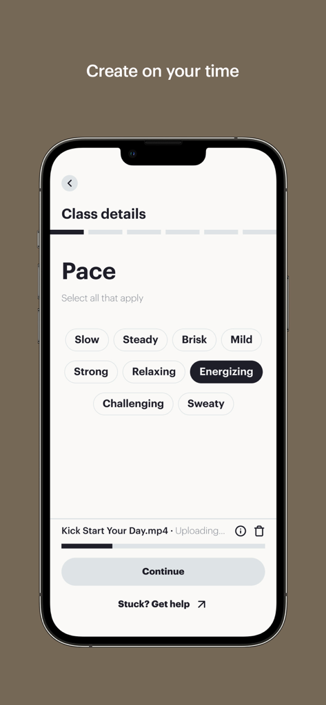 Glo Business app interface showing pace selection tags and video upload progress for yoga instructors