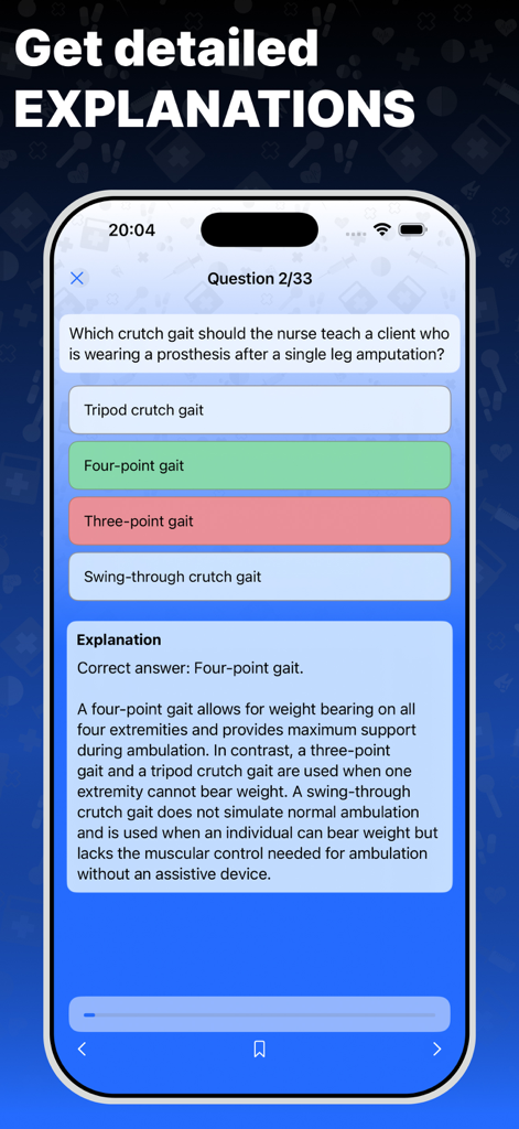 A nursing practice question on a mobile phone with a detailed explanation of the correct answer