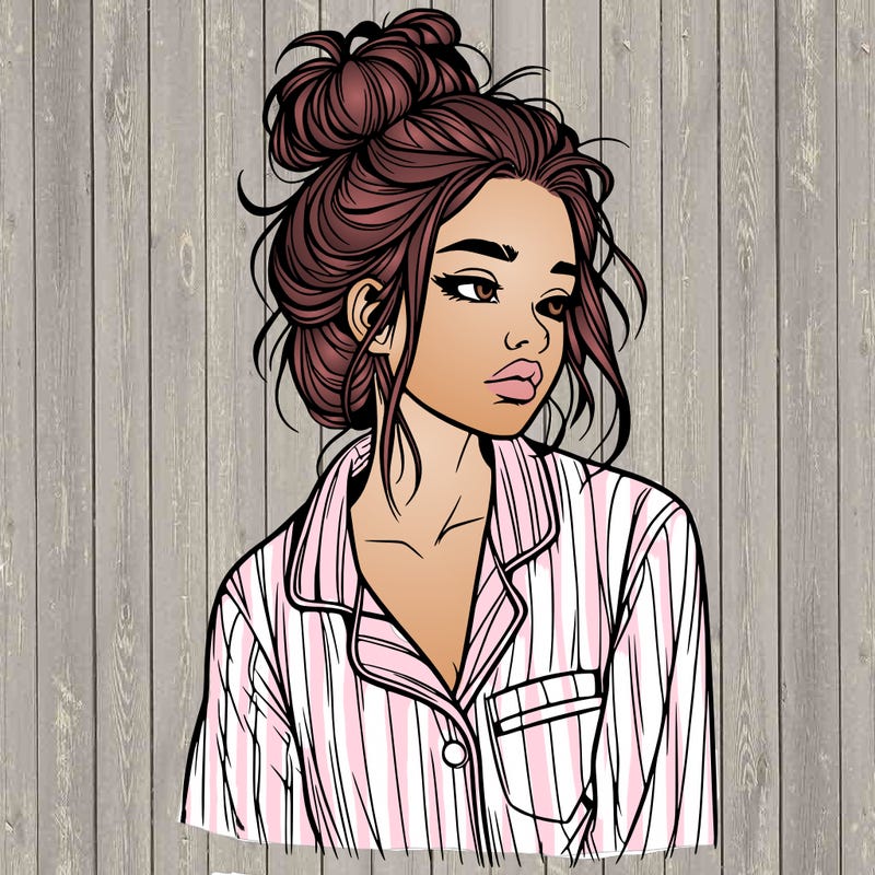 realistic woman with pajamas on and a messy bun