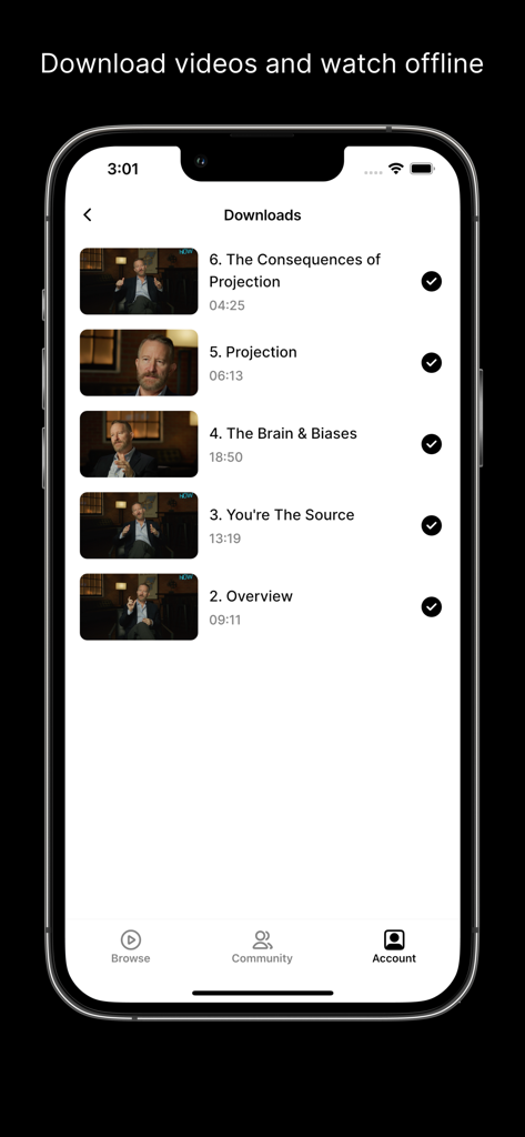How to Man - Smartphone screen showing the How to Man app downloads page with several self-improvement videos available for offline viewing.