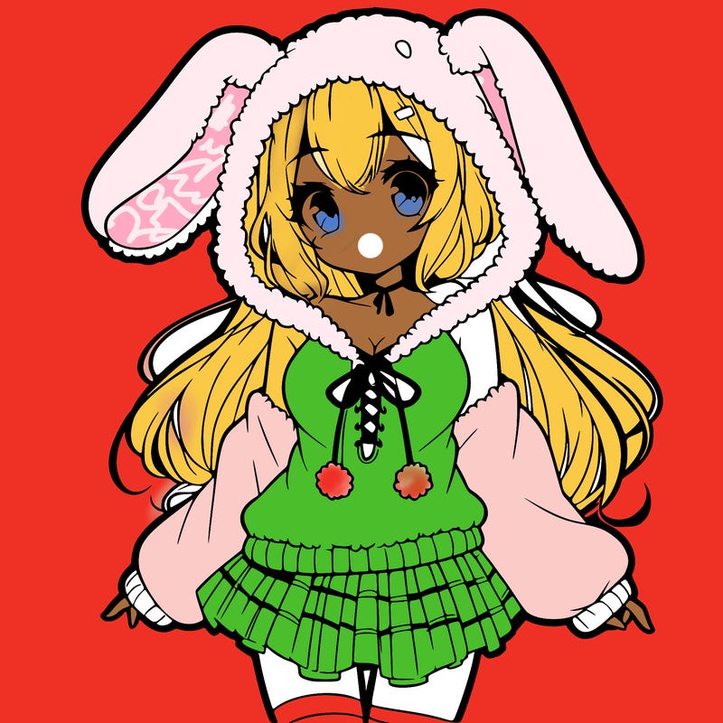 pretty anime girl wearing a fluffy hoodie with bunny ears on the hood and a skirt