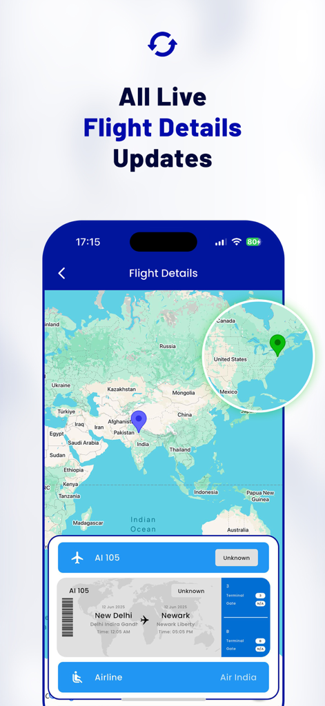 Flight Tracker - Radar - Schermata dello smartphone che mostra i dettagli del volo in tempo reale e una mappa radar che mostra la traiettoria di un volo.