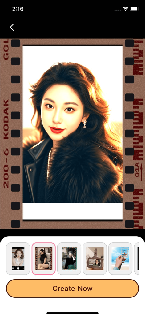 YingLow - YingLow app interface showing a portrait with a vintage film frame and create now button