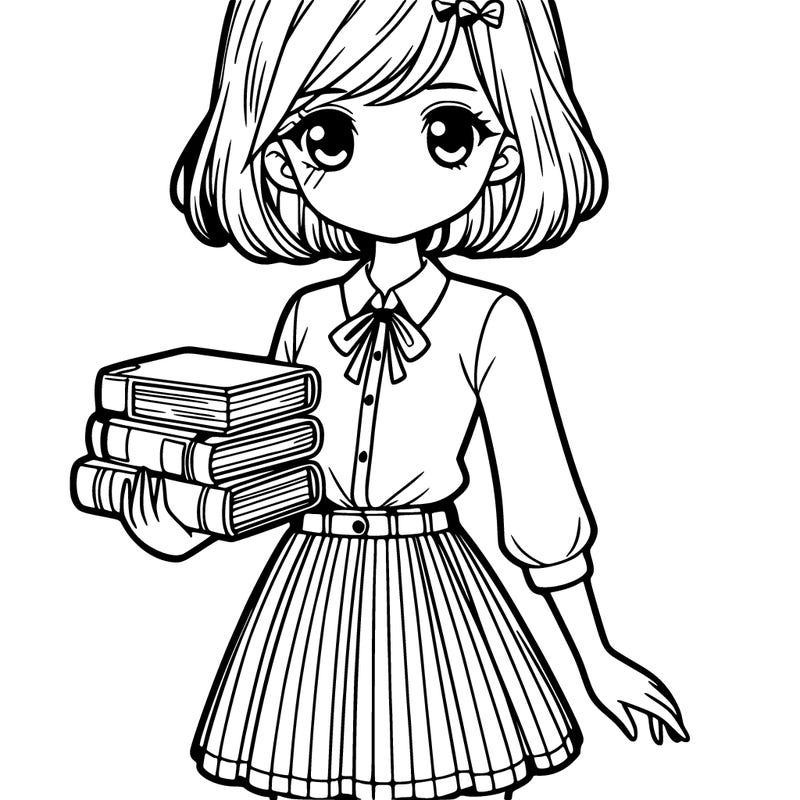 a girl with books, school uniform, short hair, and wearing a blouse and skirt