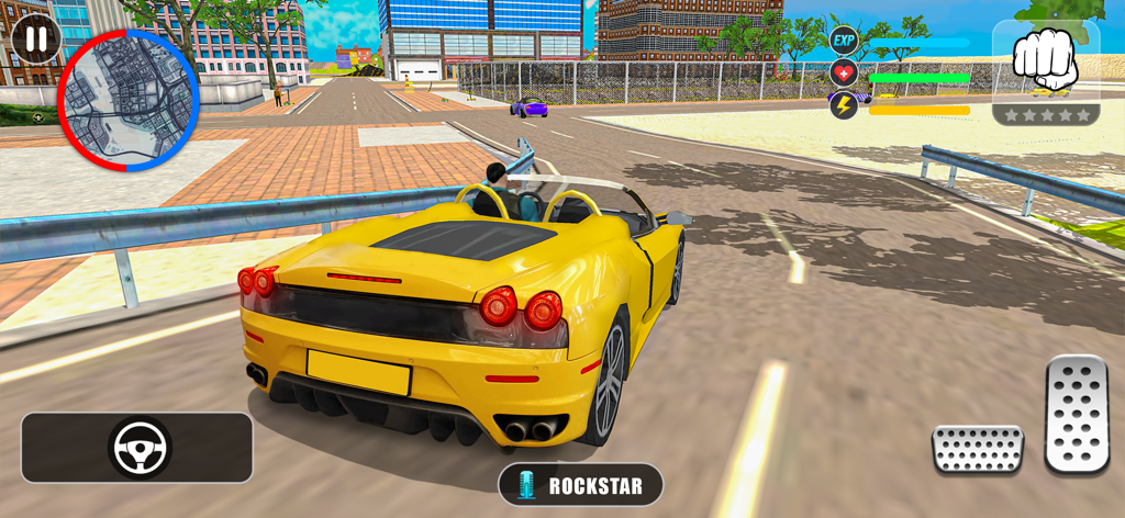 Captura de pantalla del juego de un personaje conduciendo un coche deportivo amarillo en un entorno de ciudad