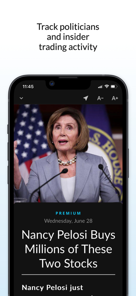 Moby: Invest Smarter - Moby app interface tracking politician and insider stock trading activity