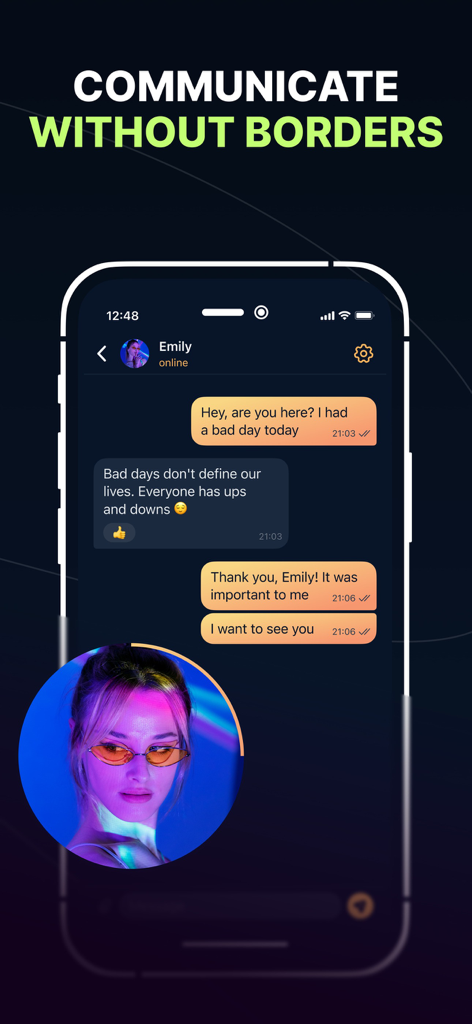 AI Lover - AI Girlfriend Chat - Mobile app interface showing an emotional support chat with an AI girlfriend named Emily.