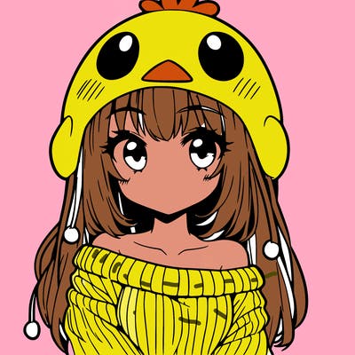 anime girl with chick shaped hat with sweater with bare shoulders with bangs covering them one eye with low tail