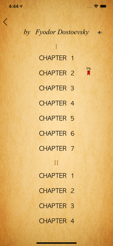 Dostoyevsky - Table of contents screen in the Dostoyevsky app featuring a parchment background and a list of chapters with a reading progress bookmark.