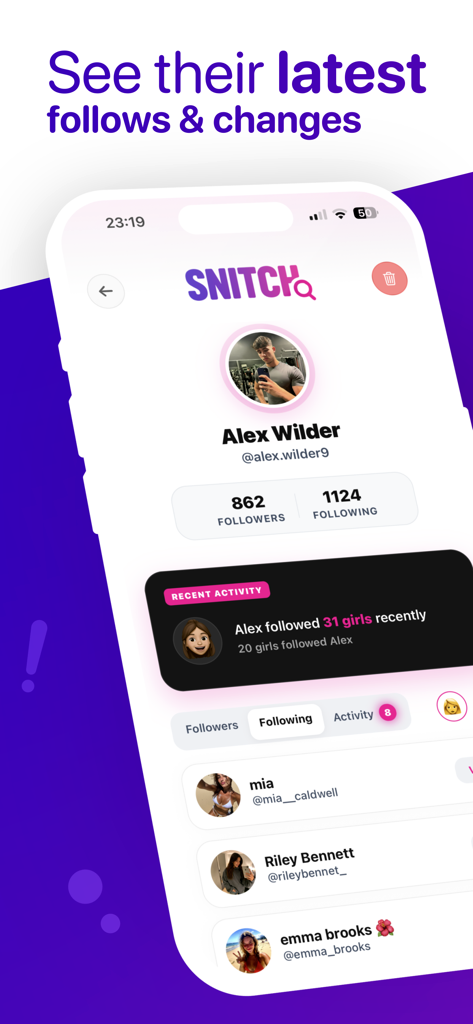 Snitch: Recent Follow Tracker - Mobile app interface for tracking recent follows and activity on social media