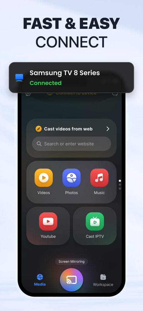 Screen Mirroring・TV Cast View - Interface d'application mobile montrant une connexion réussie à une Smart TV Samsung pour la mise en miroir d'écran et le casting multimédia