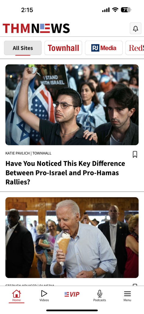 THM News - Interface of the THM News app displaying political news articles from Townhall and PJ Media