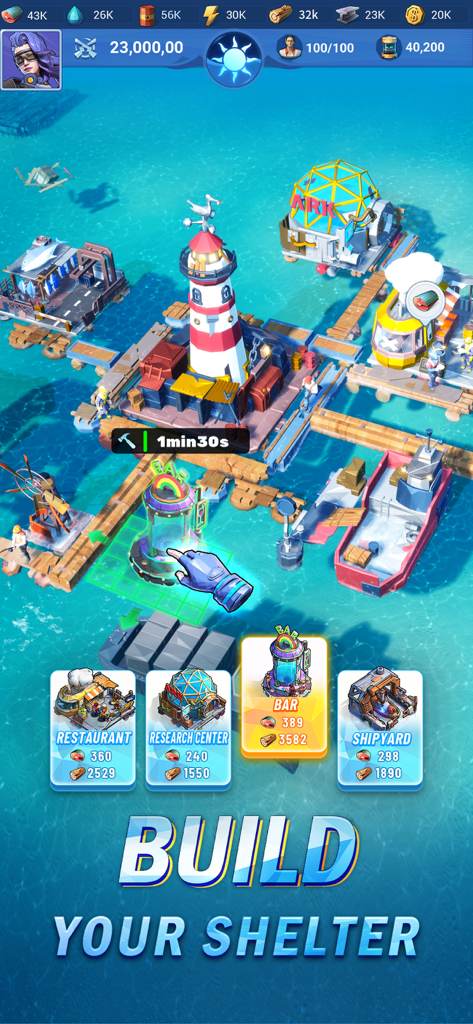 Rise of Arks: Survival Game - Gameplay screenshot showing the construction and expansion of a sea shelter base in Rise of Arks