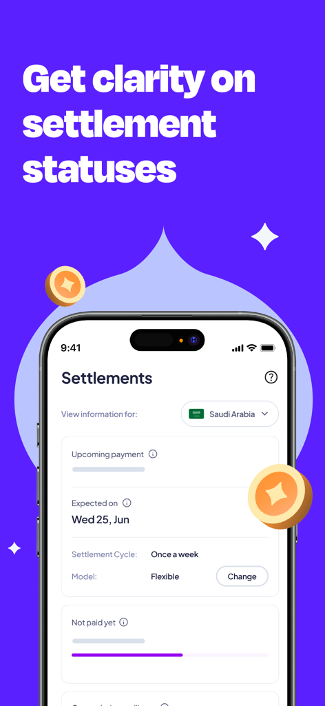 Tamara Business app interface showing settlement statuses and upcoming payment schedules for merchants.