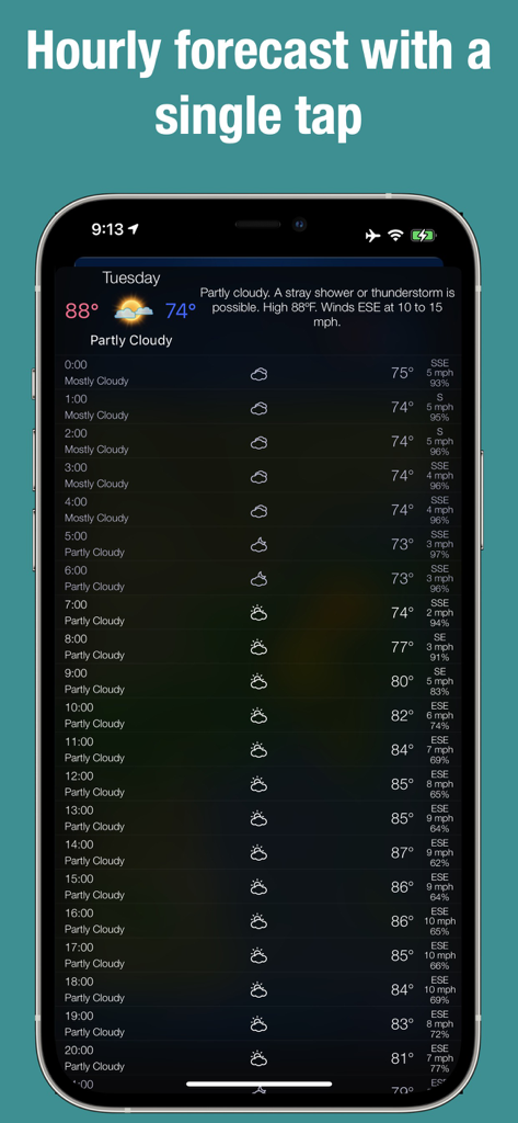 Doppler Radar - Live Rain Map - Hourly weather forecast screen in the Doppler Radar app showing temperature and wind speed
