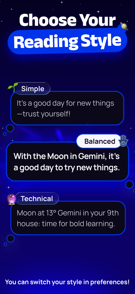 Astro Way - Personal Astrology - A screen from the Astro Way app showing three different astrology reading styles including simple balanced and technical options