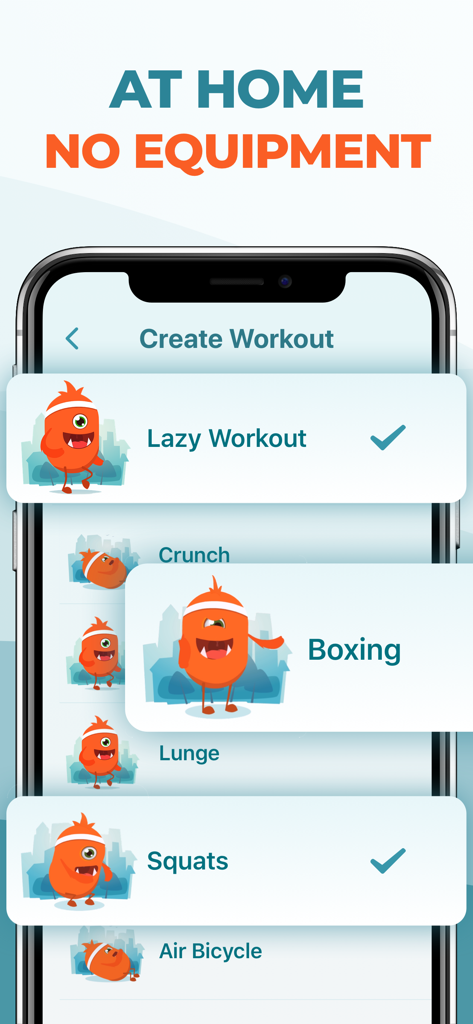 Interface de l'application mobile affichant l'écran « Créer un entraînement » avec une liste d'exercices à domicile et une mascotte monstre orange sympathique.
