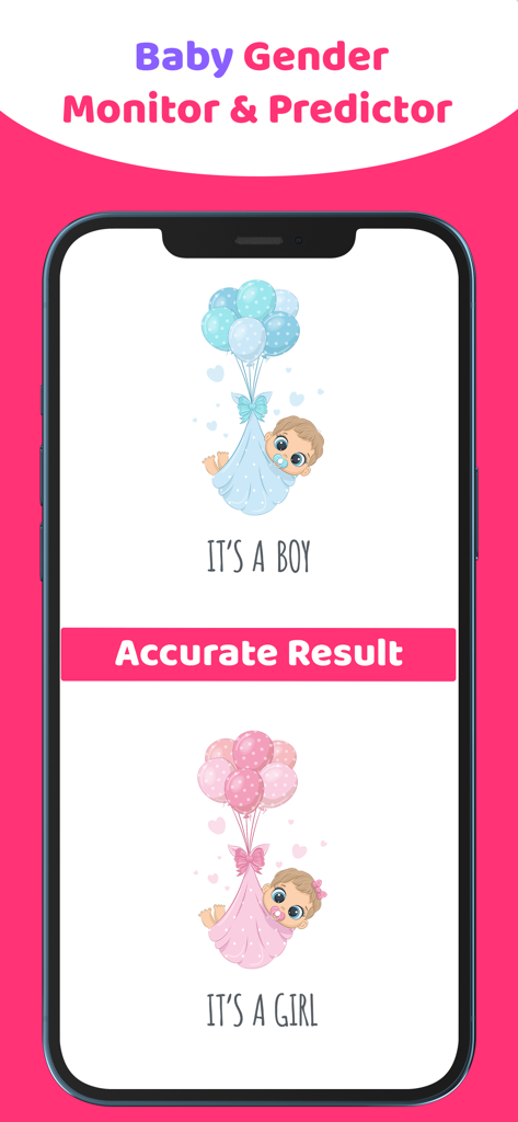 Baby Gender Reveal & Predictor - 아기 성별 예측 앱의 스크린샷으로, 귀여운 아기 그림과 풍선으로 소년 및 소녀 예측 결과 표시